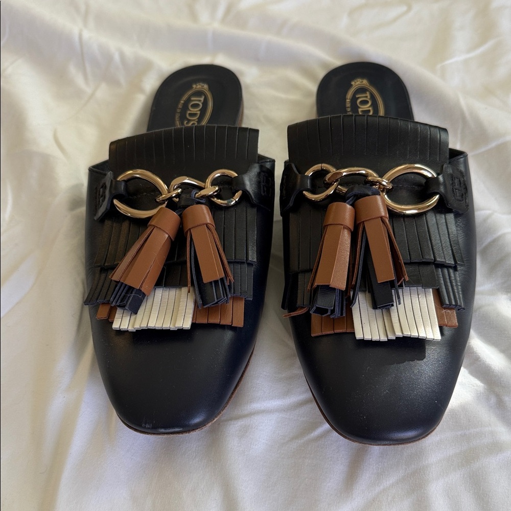 Tod's Black and Brown Leather Mules with Tassels